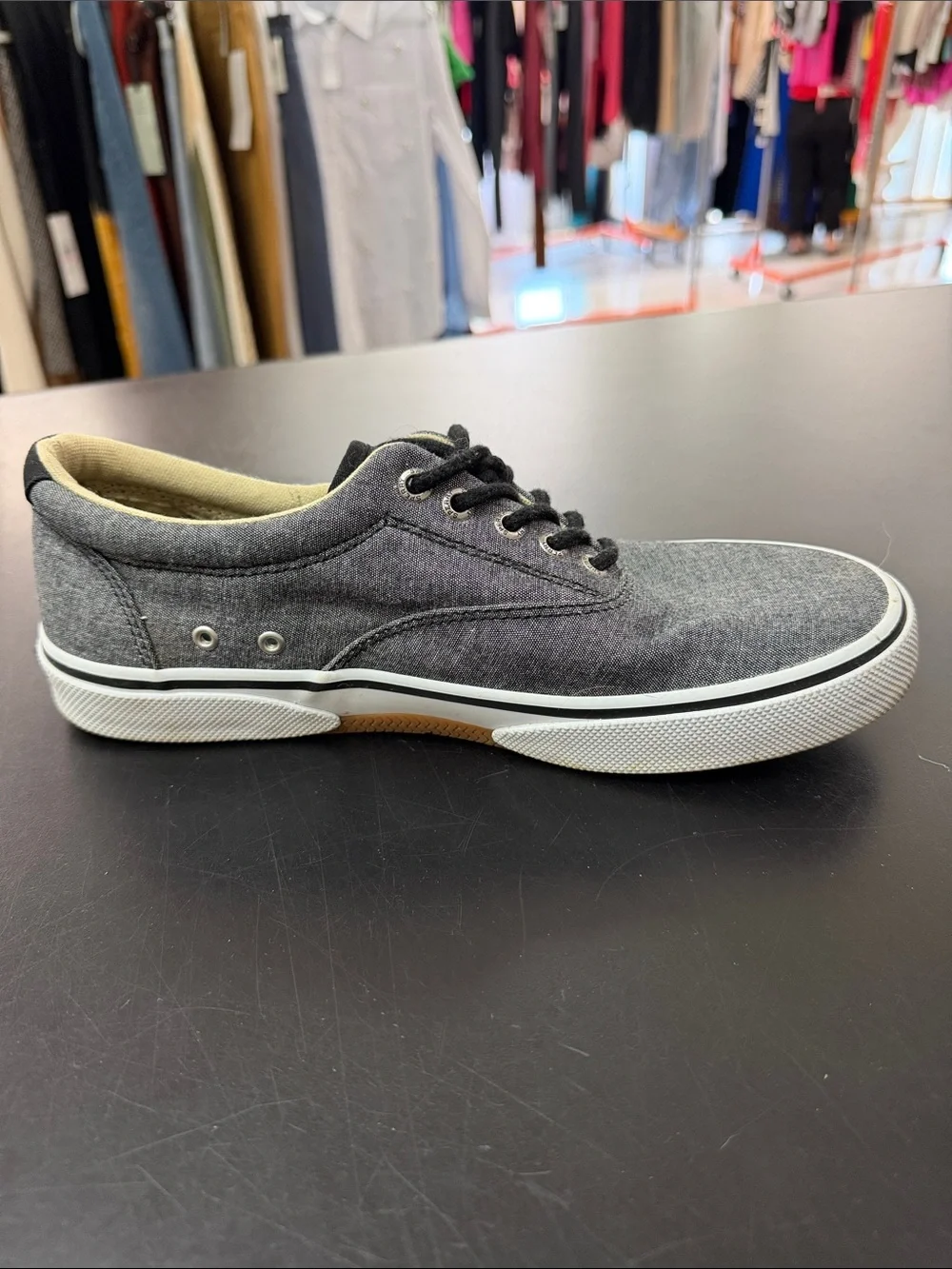 Sperry Gray Canvas Boat Shoes with Black Laces